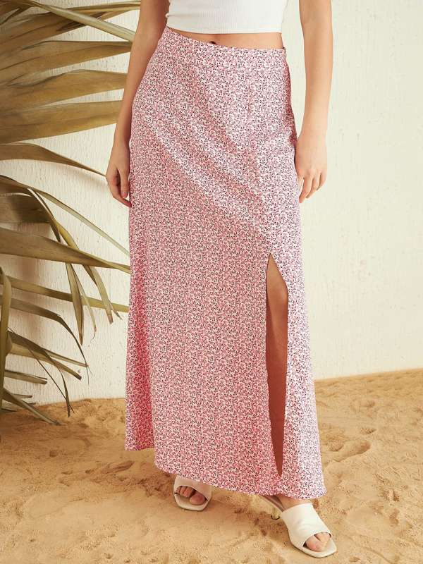 Women Solid Pink High-Rise Waist Slip-On Tulip Hem Front Thigh-High Slit  Pleated Midi Skirt - Berrylush