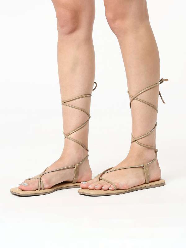 Gold tie store up sandals flat