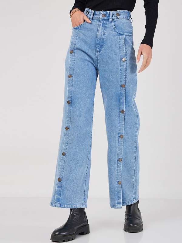 Buy Women Ice Blue Wide Leg Distressed Slit Jeans Online at Sassafras