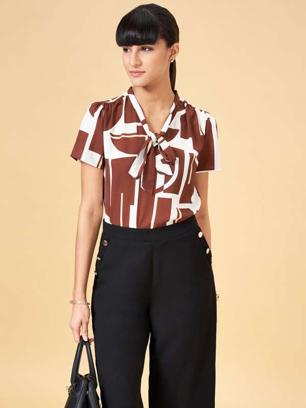 Selvia Women Brown Self Design Georgette Formal Shirts | tops for women |  tops | women tops