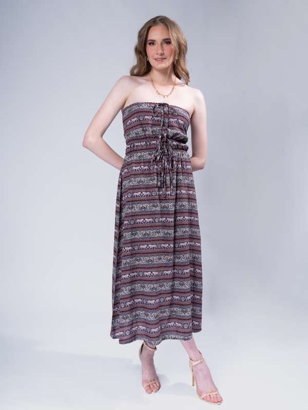 Buy BEIGE GLITTERY STRAPLESS BANDEAU DRESS for Women Online in India