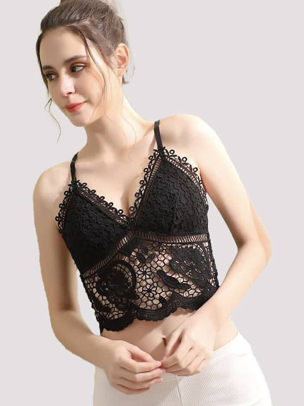 Buy Women's Lace Bralette Cute Strappy V Neck Sheer Cami Tops Sexy Bustier  See Through Unlined White M Online at desertcartINDIA