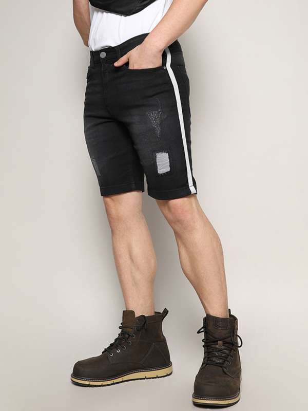 Mens black denim shorts ripped hotsell