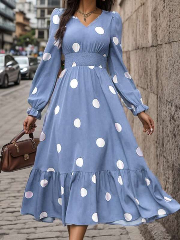 Blue polka dot dress outfit best sale
