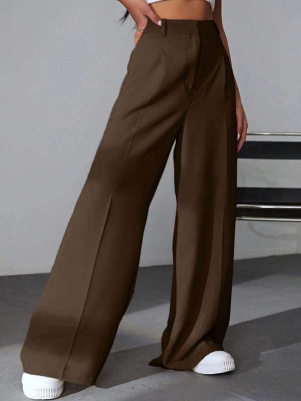 Women's Solid Mid Waisted Wide Leg Pants Straight Casual Baggy Trousers  Beige S