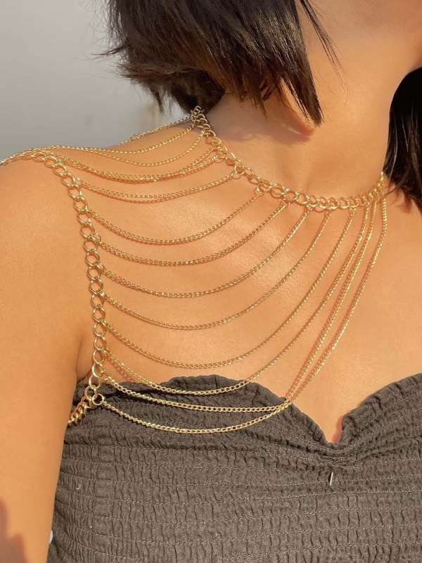 Gold Bikini Body Chain with Necklace Layered Bra Chains Body