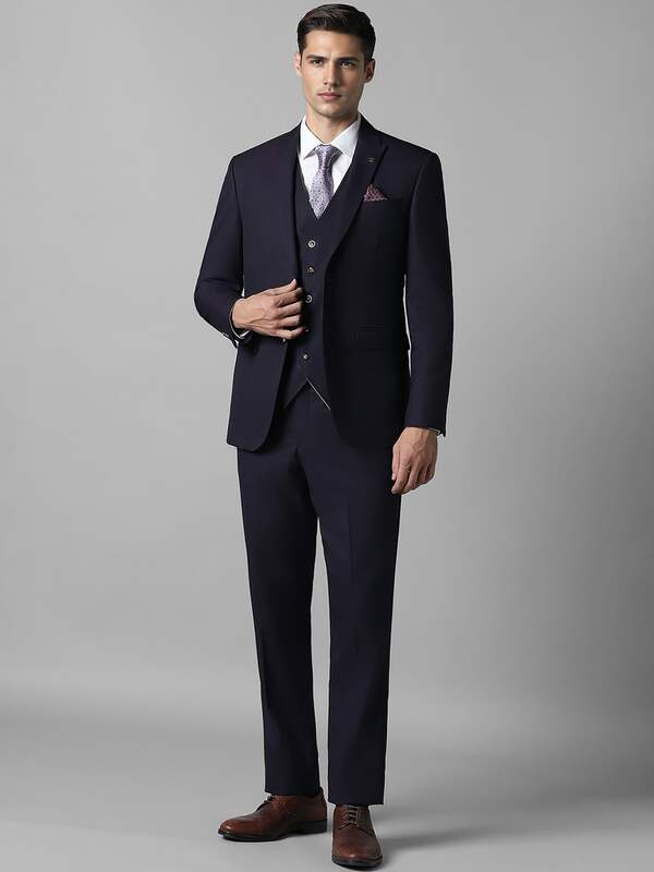 Buy Men Blue Slim Fit Solid Formal Three Piece Suit Online