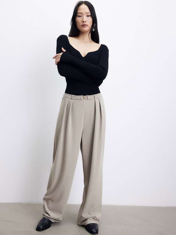 Women Solid Cream High-Rise Waist Cotton Loose Fit Straight Leg Trousers -  Berrylush