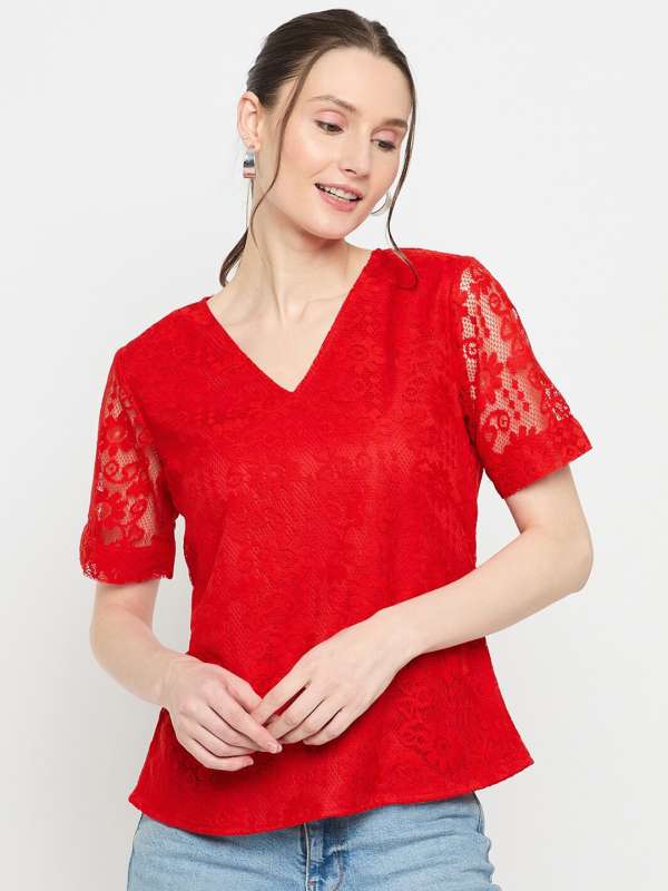 Buy Red Scallop Plunging Neck Lace Top for Women Online in India