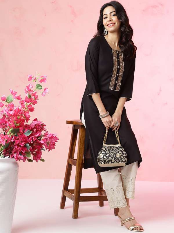 Anouk Kurtis Women Black Yoke Design Straight Kurtas Buy Anouk Kurtis Women Black Yoke Design Straight Kurtas online in India
