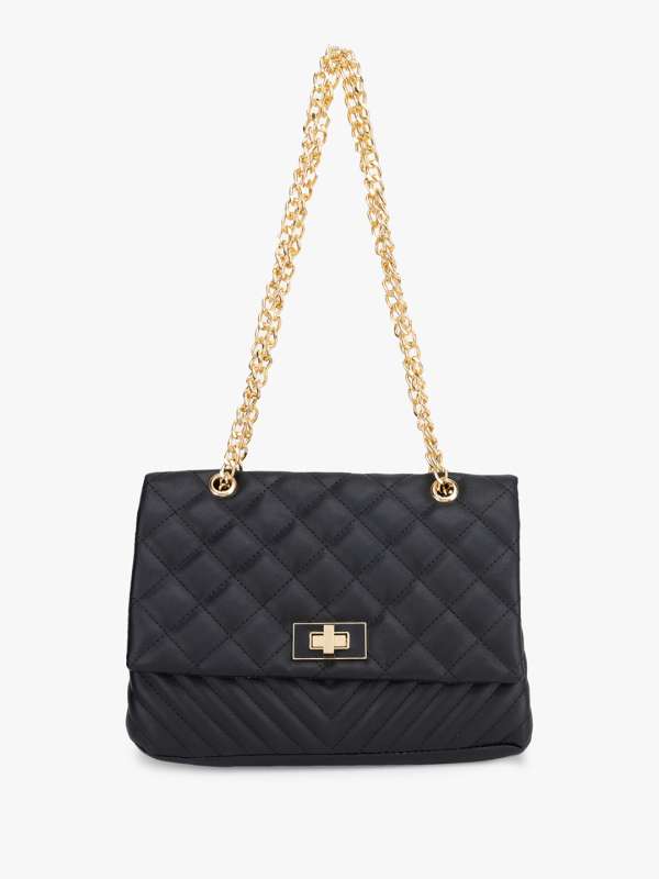 Black handbag with gold chain strap best sale