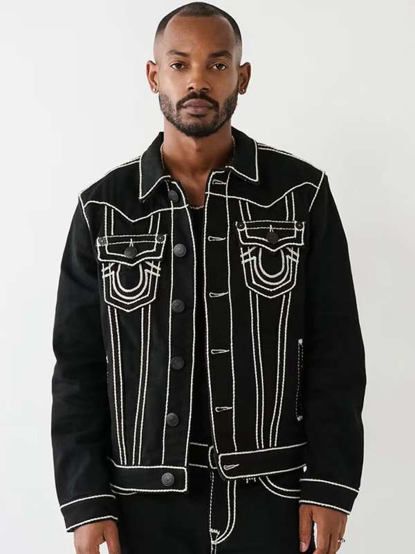 Black denim jacket mens sales myntra