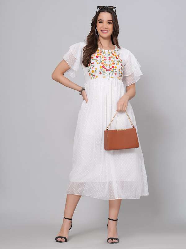 Solid embroidery peasant hot sale maxi shift dress