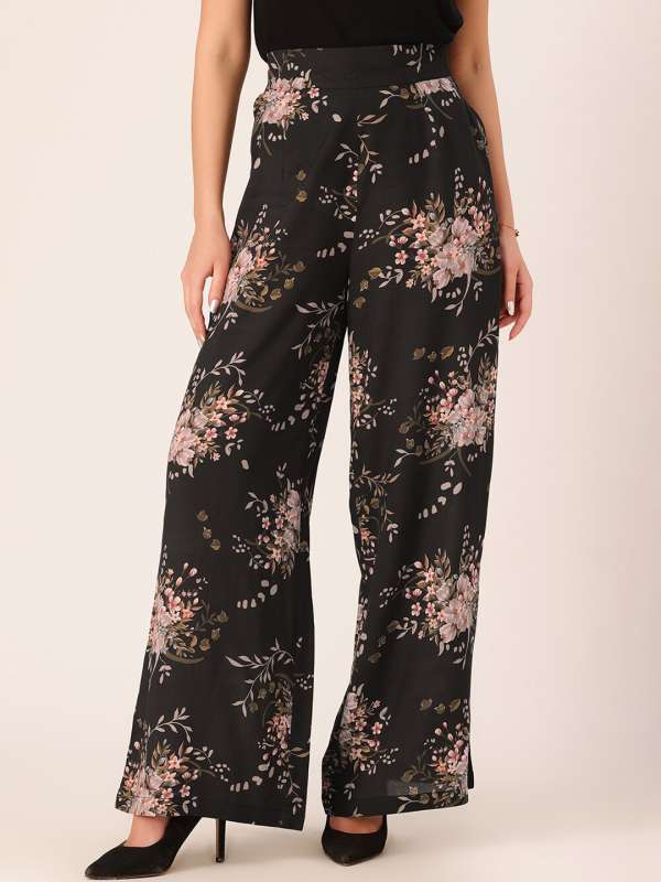 Buy Black High Rise Floral Print Pants For Women Online in India