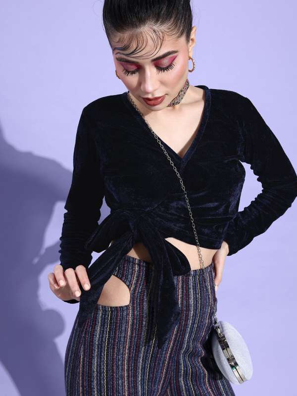 Navy Blue Velvet Crop Top Buy Navy Blue Velvet Crop Top online in India