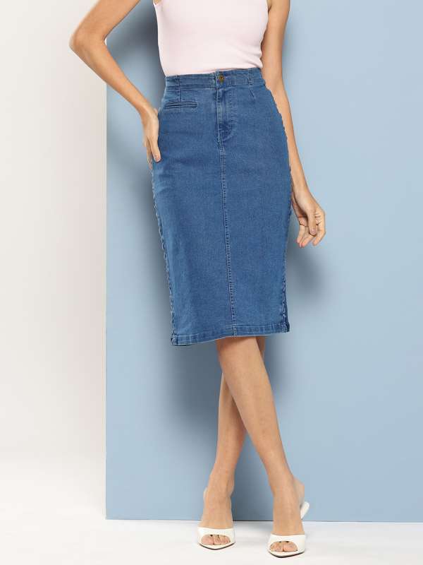 Knee length denim skirts online india shop