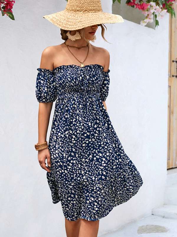 Navy Blue Printed Off Shoulder Dress Buy Navy Blue Printed Off Shoulder Dress online in India
