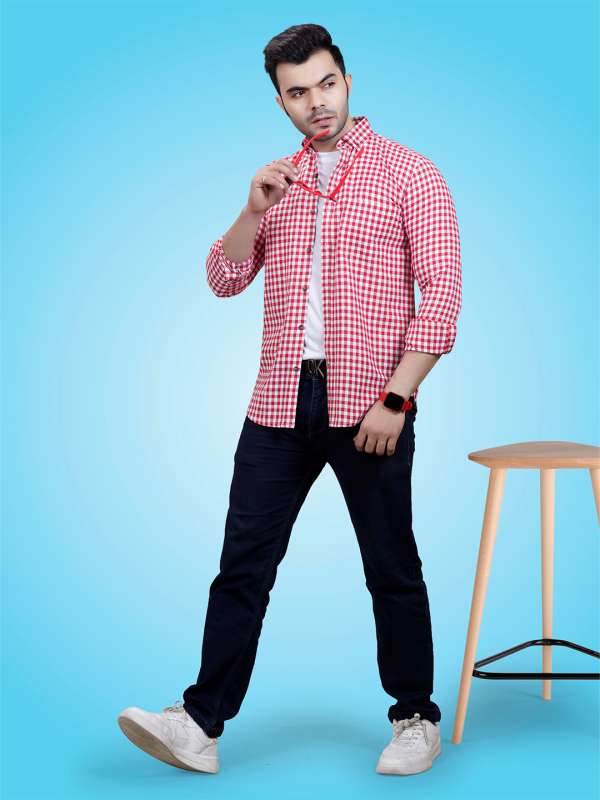 Red checked shirt dress cheap