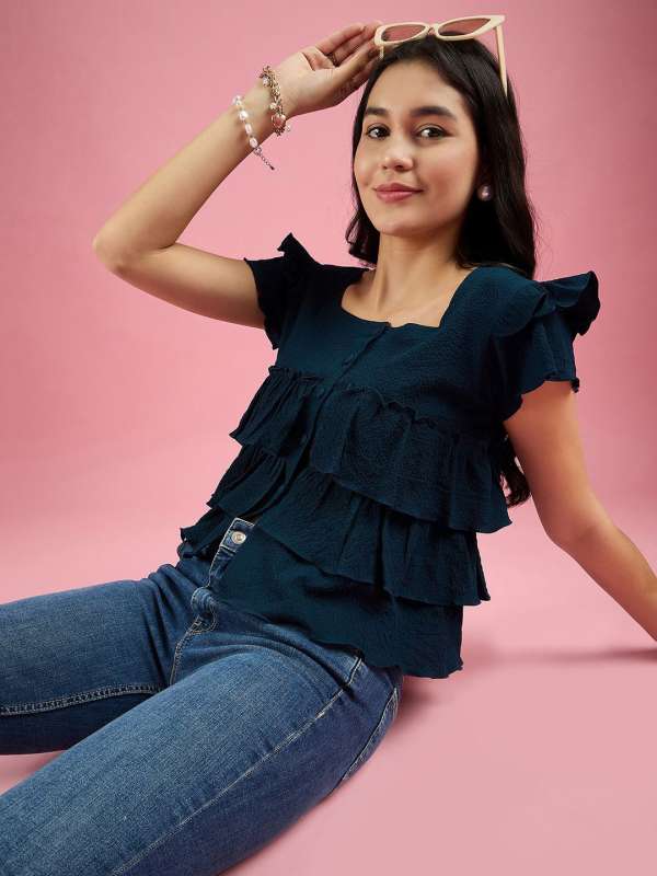 Navy ruffle sleeve top store