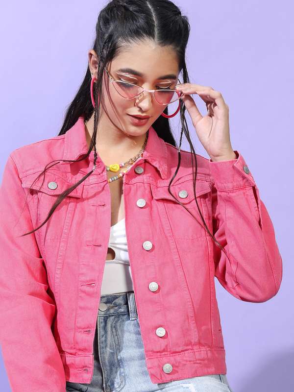 Pink denim jacket womens india shop