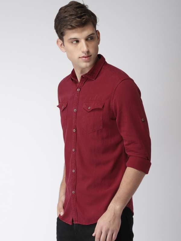 fashionable branded double pocket solid denim shirts