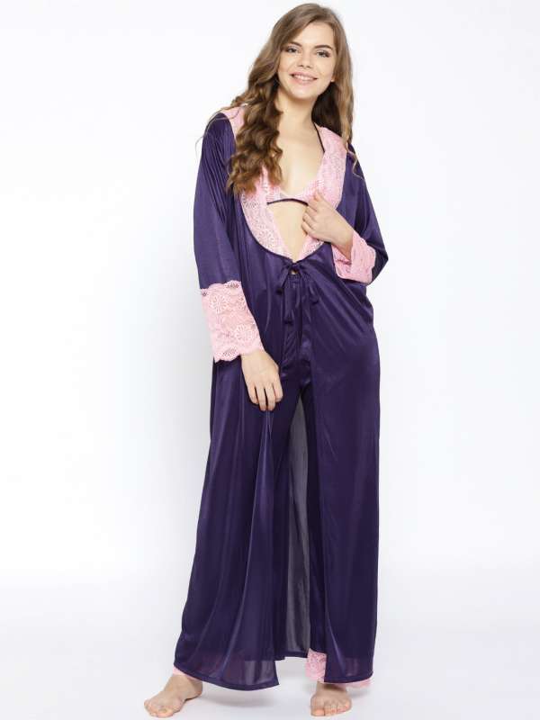 Buy 2 Pcs Short Robe & Nightie Set in Purple Color Online India