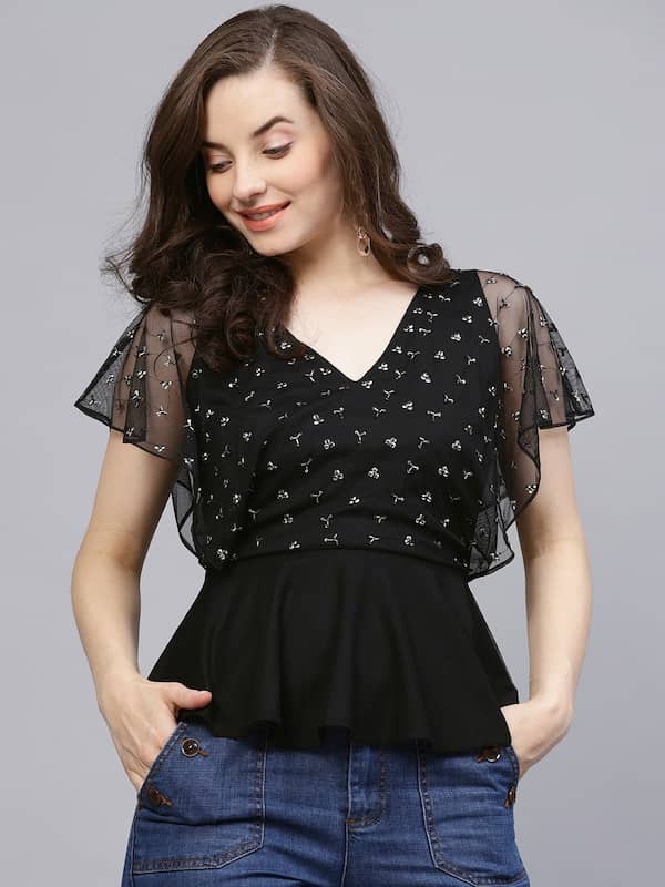 Buy BLACK HOLLOW-OUT V-SHAPED HEM TOP for Women Online in India