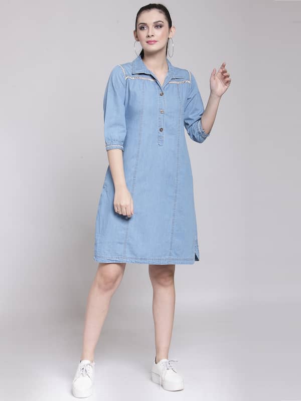Womens OffShoulder Denim Dress with Lace Inserts  Stylestone