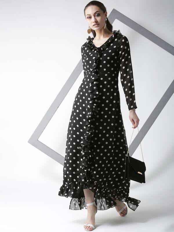 Isandrine | Long Black Dress w/ Dots & Ruffles