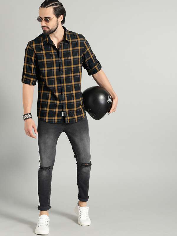 Yellow shirt discount and black jeans