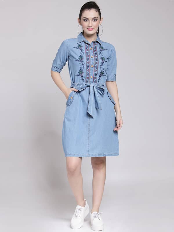 Buy StyleStone Womens Denim Shirt Style Front Button Dress Blue at  Amazonin