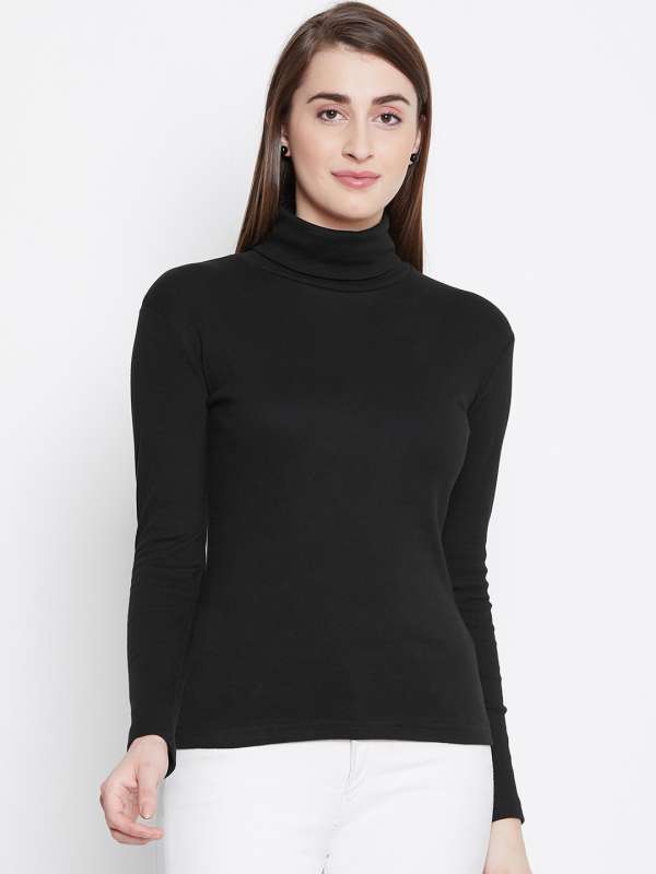 LIME Solid Women Turtle Neck White T-Shirt - Buy LIME Solid Women
