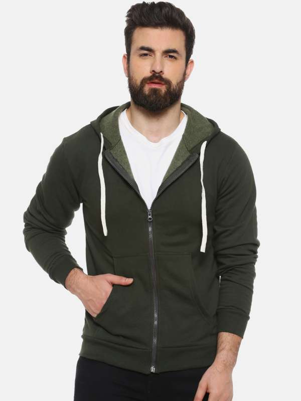 Winter Wear Olive Green Zipper Hoodie Sweatshirt For Men at Rs