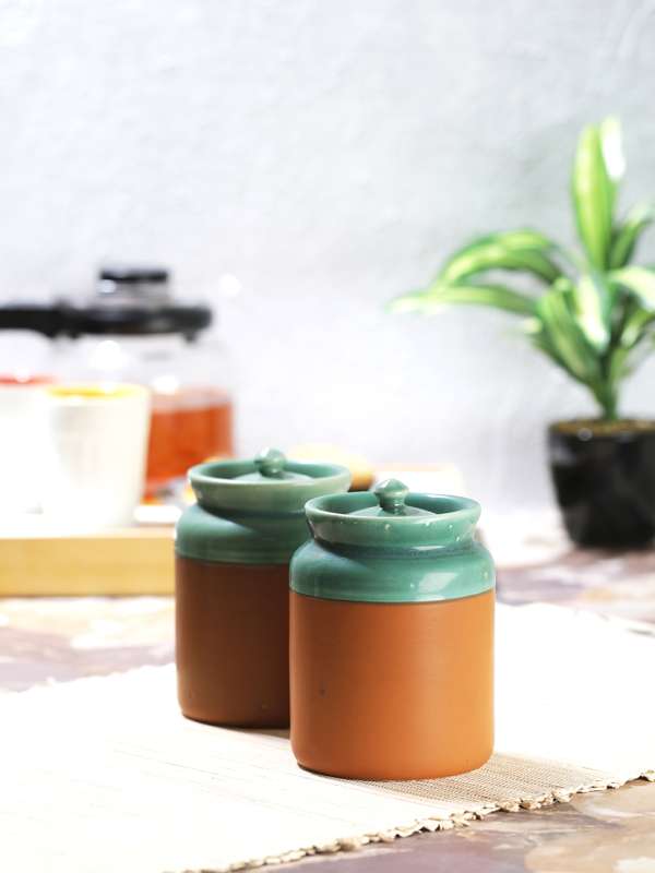ExclusiveLane Handpainted Ceramic Pickle & Chutney Jars With Spoons (Set Of  2)