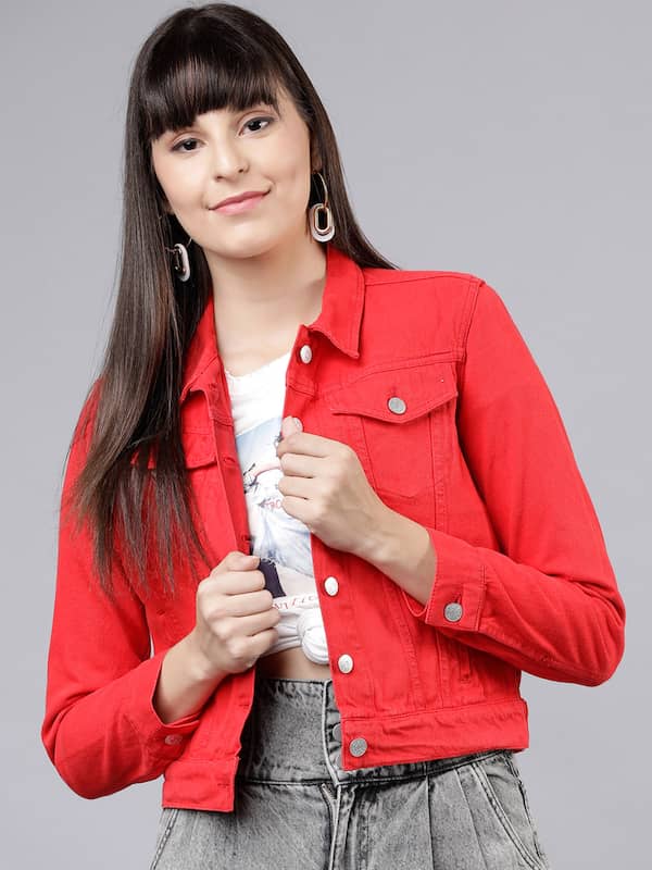 Light Red Distressed Cropped Denim Jacket  In The Style