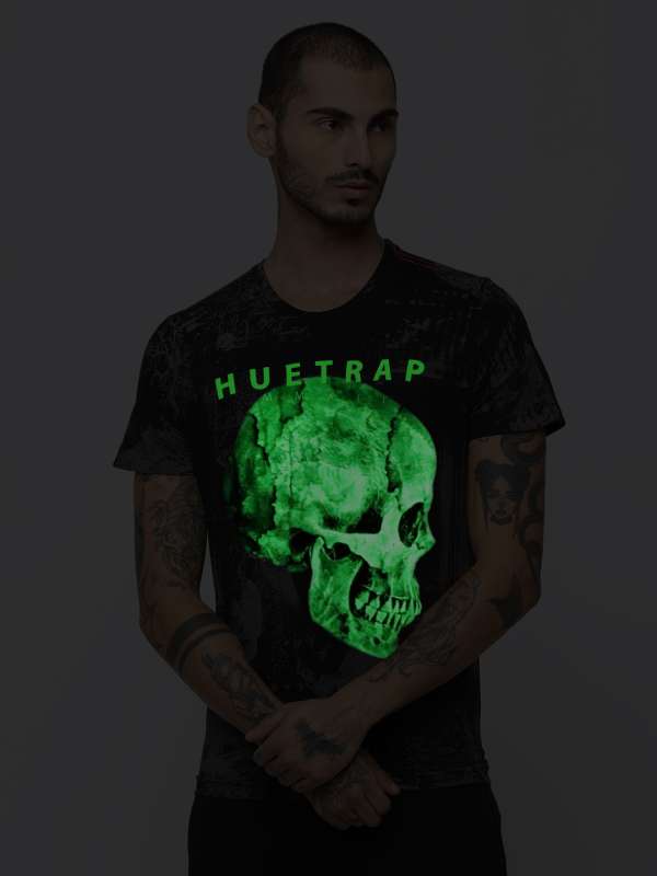 Scary Face Halloween T-Shirt Dark Green Glow Neon Shine-T-Shirt – Managatee
