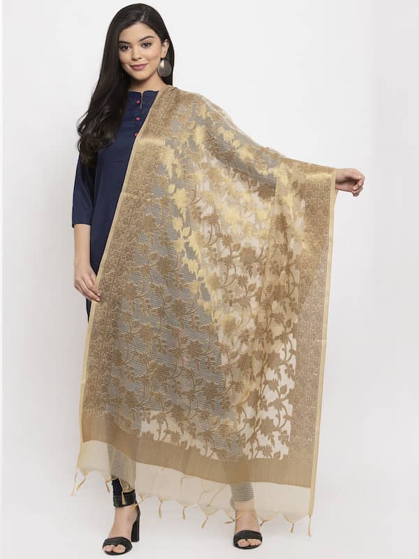 Buy INDYA Natural Net Dupatta With Gold Trim - Beige | Shoppers Stop