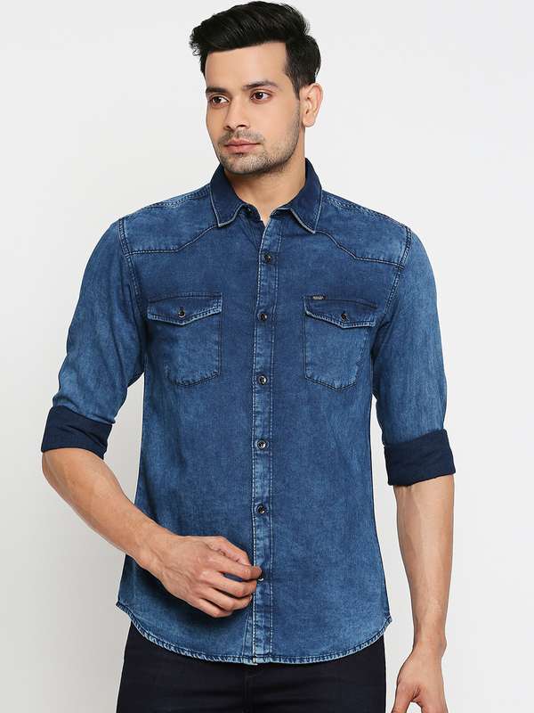 Mufti Blue Solid Denim Shirt - Buy 