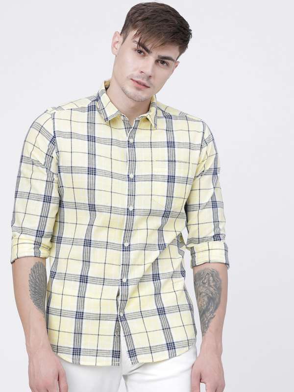 Yellow Poly Cotton Checks Formal Shirts
