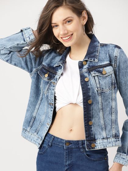 HERE\u0026NOW Women Blue Solid Denim Jacket 