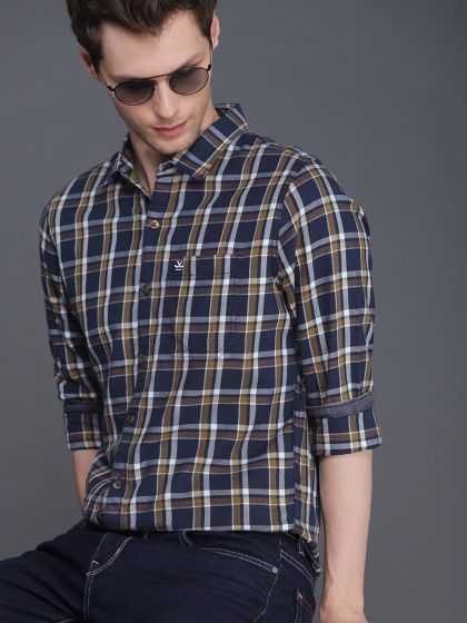 WROGN Men Navy Blue Checked Casual Hooded Shirt (39) by Myntra