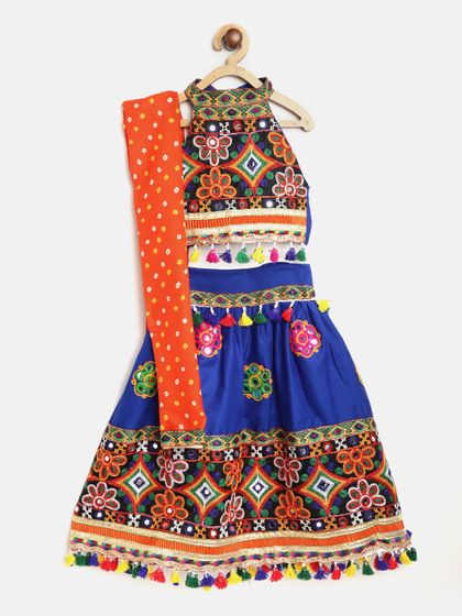 Buy Aarika Girl S Blue Orange Traditional Gujarati Lehenga Choli Set With Mirror Work Lehenga Choli For Girls 2154082 Myntra Shop for lehenga choli, wedding lehengas & more in various fabric options at myntra. traditional gujarati lehenga choli set