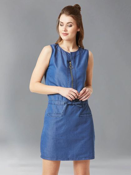 Blue Solid Denim Sheath Dress - Dresses 