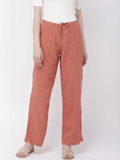 Buy Go Colors Women Solid Rusty Pink Mid Rise Cotton Pants online