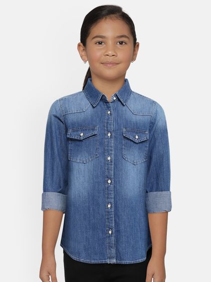 Girls Blue Printed Denim Shirt - Shirts 