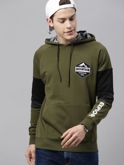 Men Olive Green & Black Solid Hooded Sweatshirt - Shopprekart