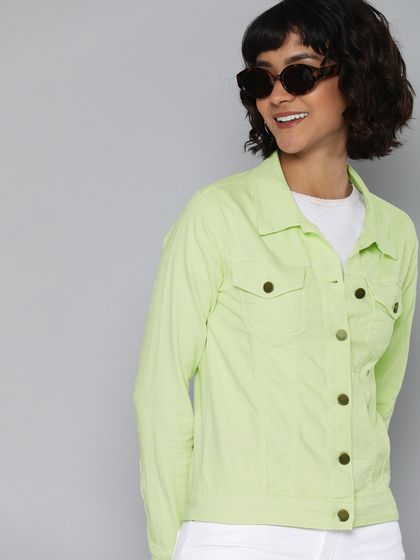 Lime Green Solid Denim Jacket - Jackets 