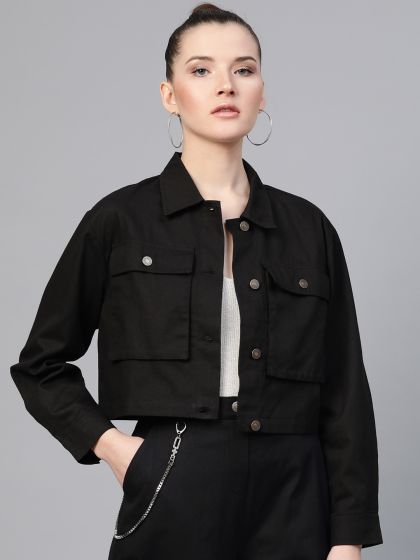 Womens black cropped denim jacket hotsell