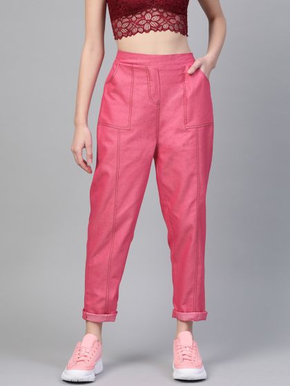 Women Pink Regular Fit Solid Casual Trousers