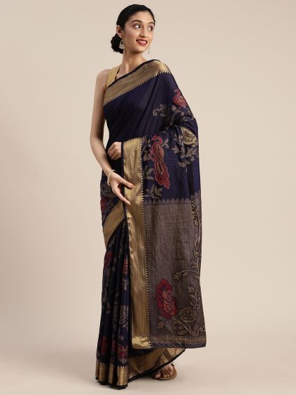 Buy Ishin Women Navy Blue Solid Mysore Silk Saree Sarees for